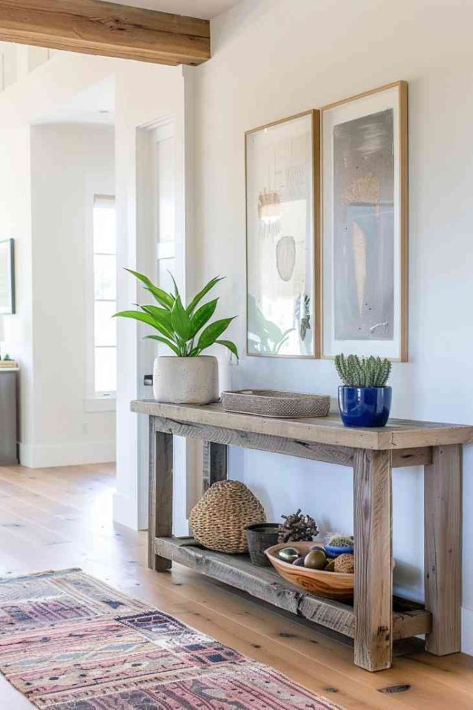 Eclectic accents like colorful baubles and modern art sit side by side with rustic elements on a farmhouse entry table. It's a unique mix that works and gives your entryway a fun and bold vibe.