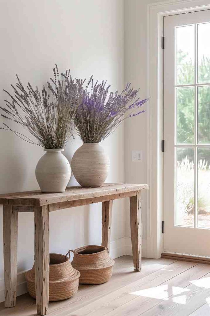 Transform your farmhouse entry table into a tranquil sanctuary, where minimalist vases and delicate lavender sprigs create a calming and understated welcome. 