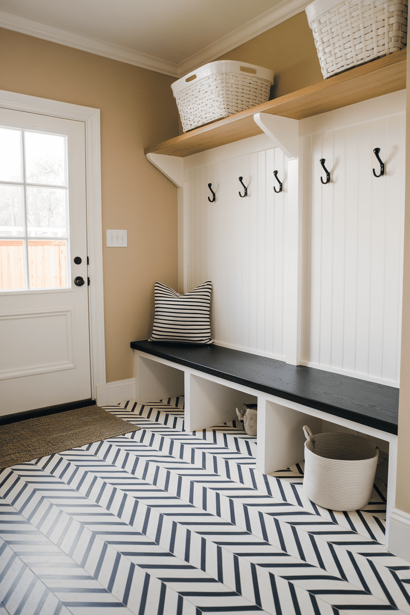 Mudflap with removable chevron vinyl base, with bench and storage baskets.