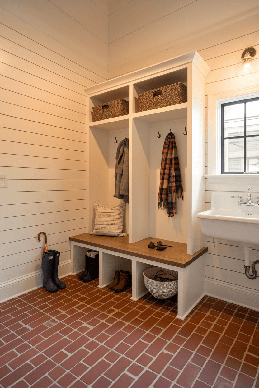 A rustic mudroom with brick floors, a wooden bench, and storage hooks for coats and accessories.