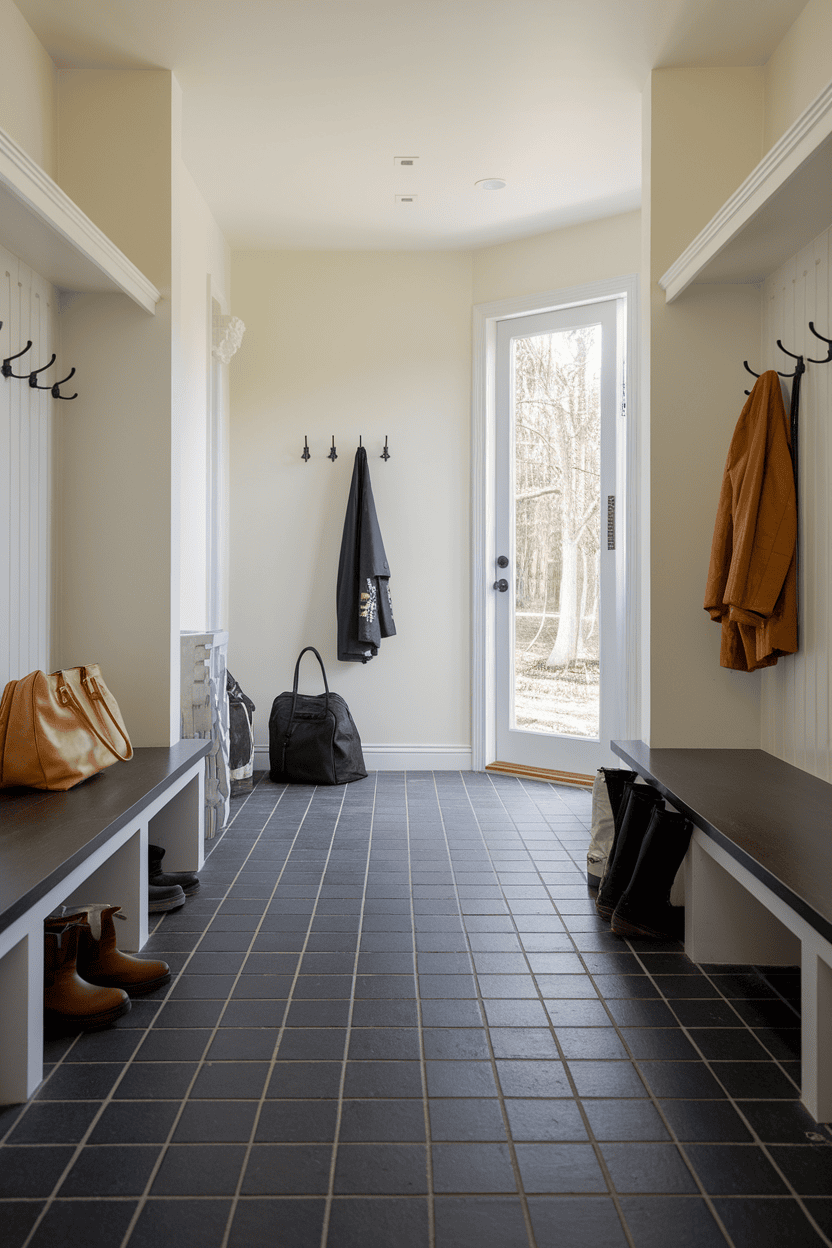 Mud room with durable porcelain floor, hooks for jackets and benches for storage.