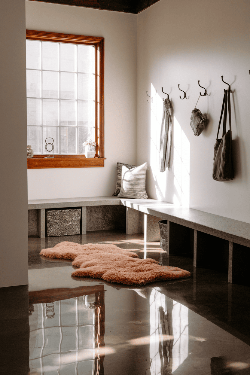 A stylish mudroom with polished concrete floors and a plush carpet