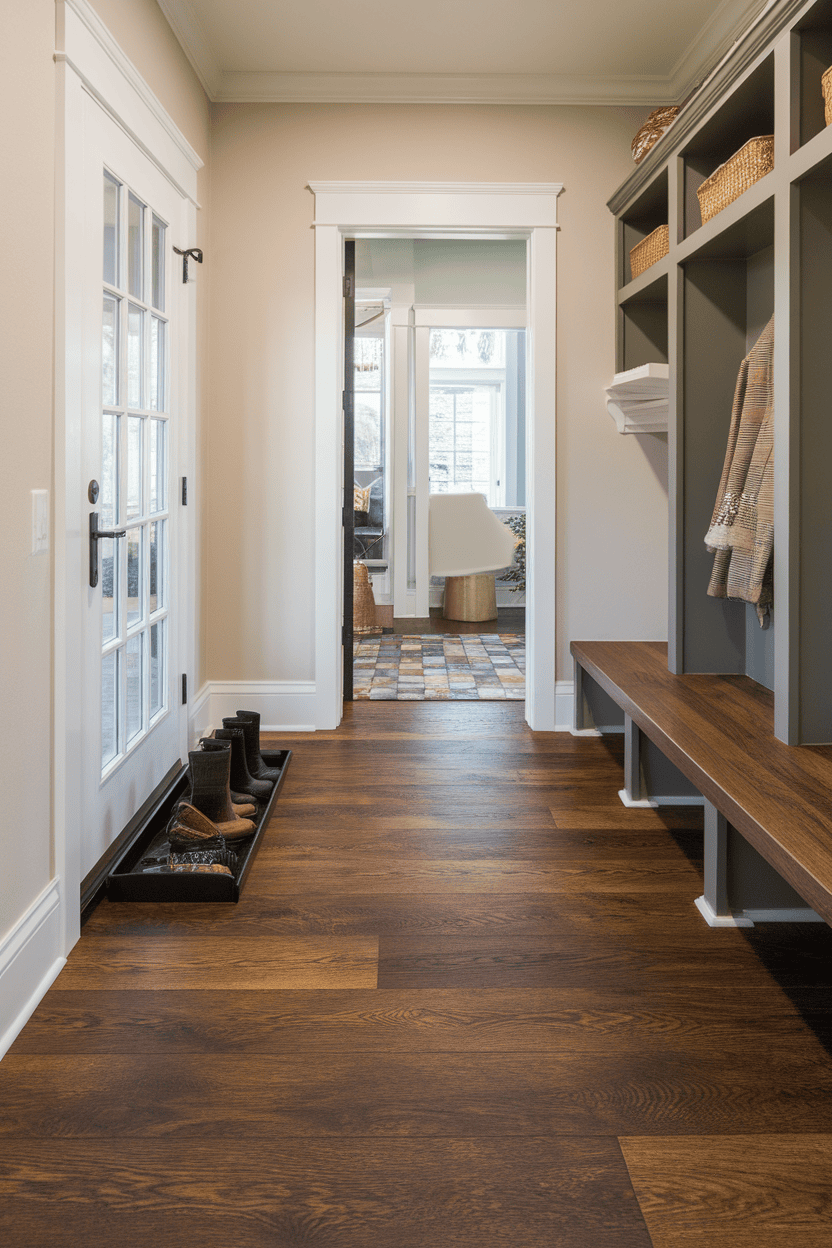 Close-up of a waterproof luxury vinyl plank floor in a cozy interior with a patterned carpet.