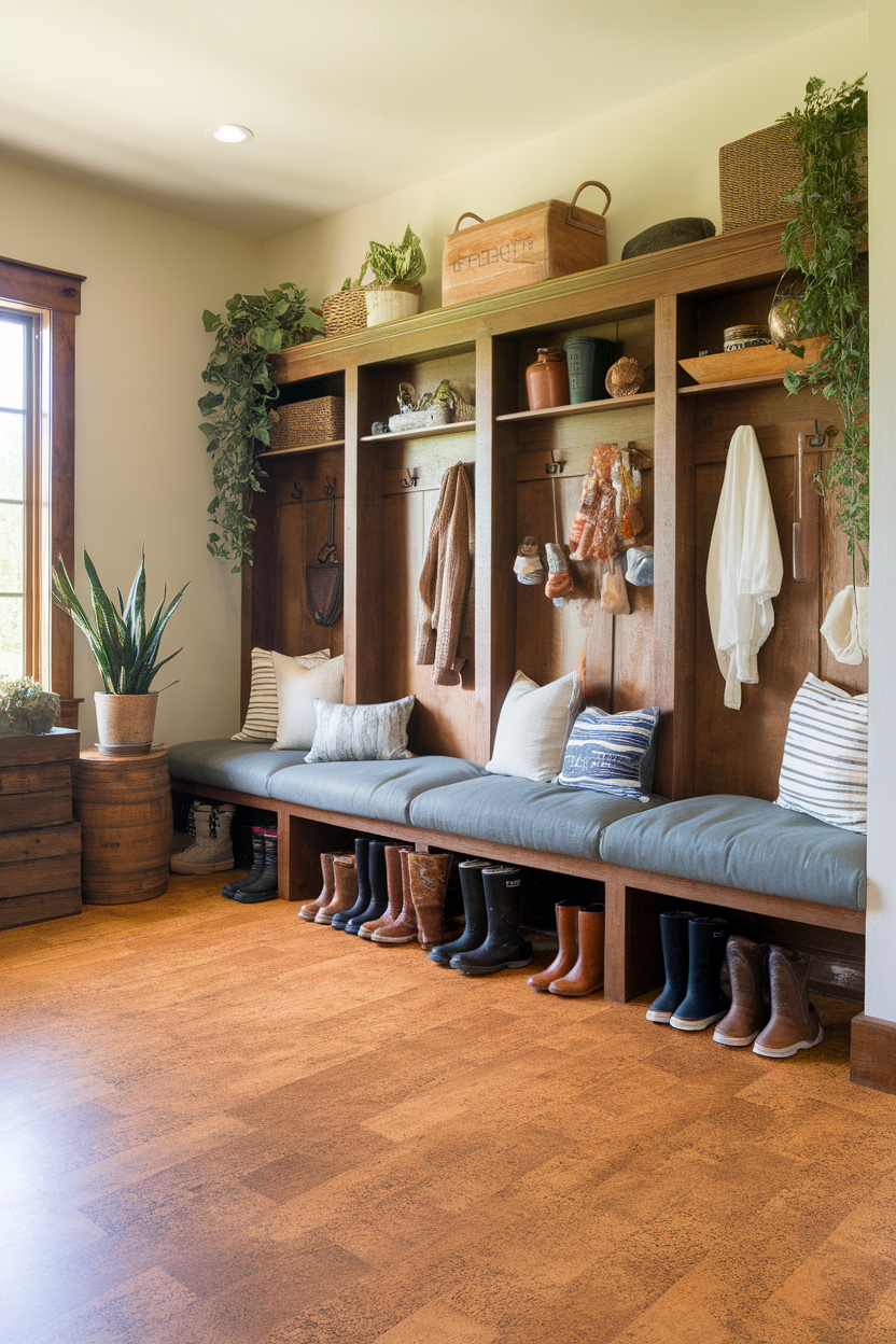 Cozy mudroom with cork flooring and wooden storage bench