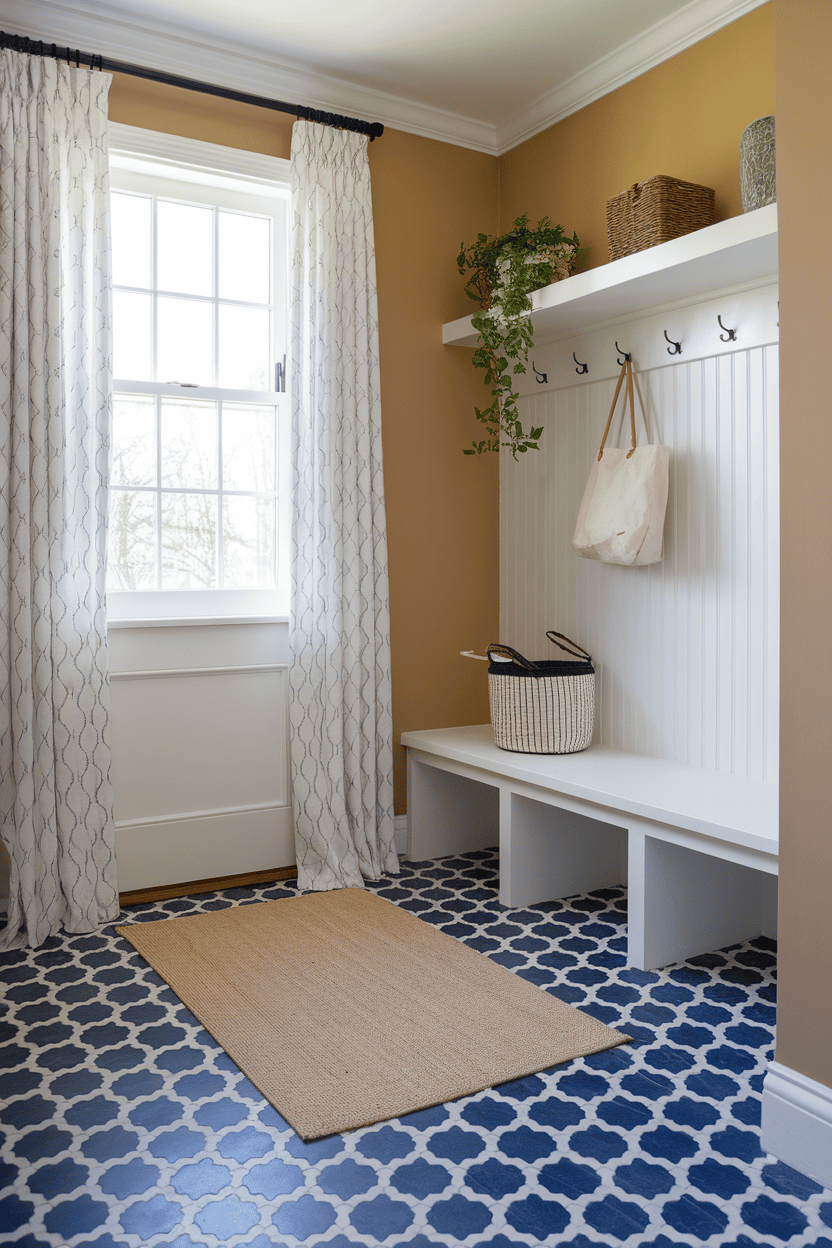 A mud room with funky patterned blue and white tiles, warm wall colors and stylish decor.