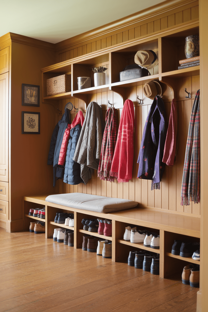 A well-organized mudroom with hardwood floors that provides storage for shoes and outerwear.