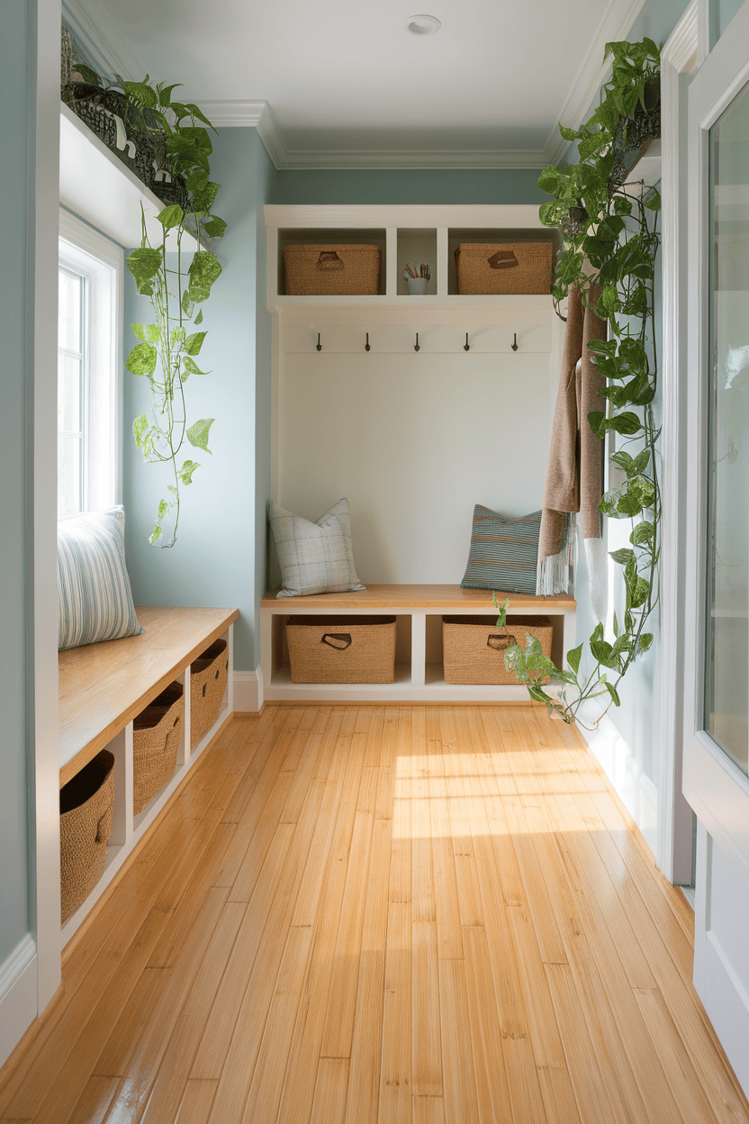 Shiny bamboo floor with green plants in a mud room