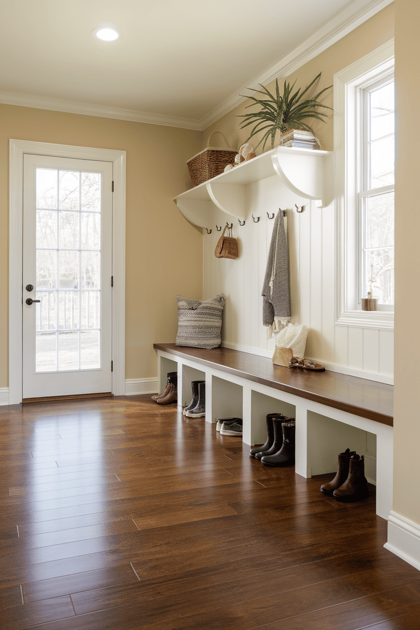 A stylish mudroom with dark laminate flooring, light walls and organized storage.