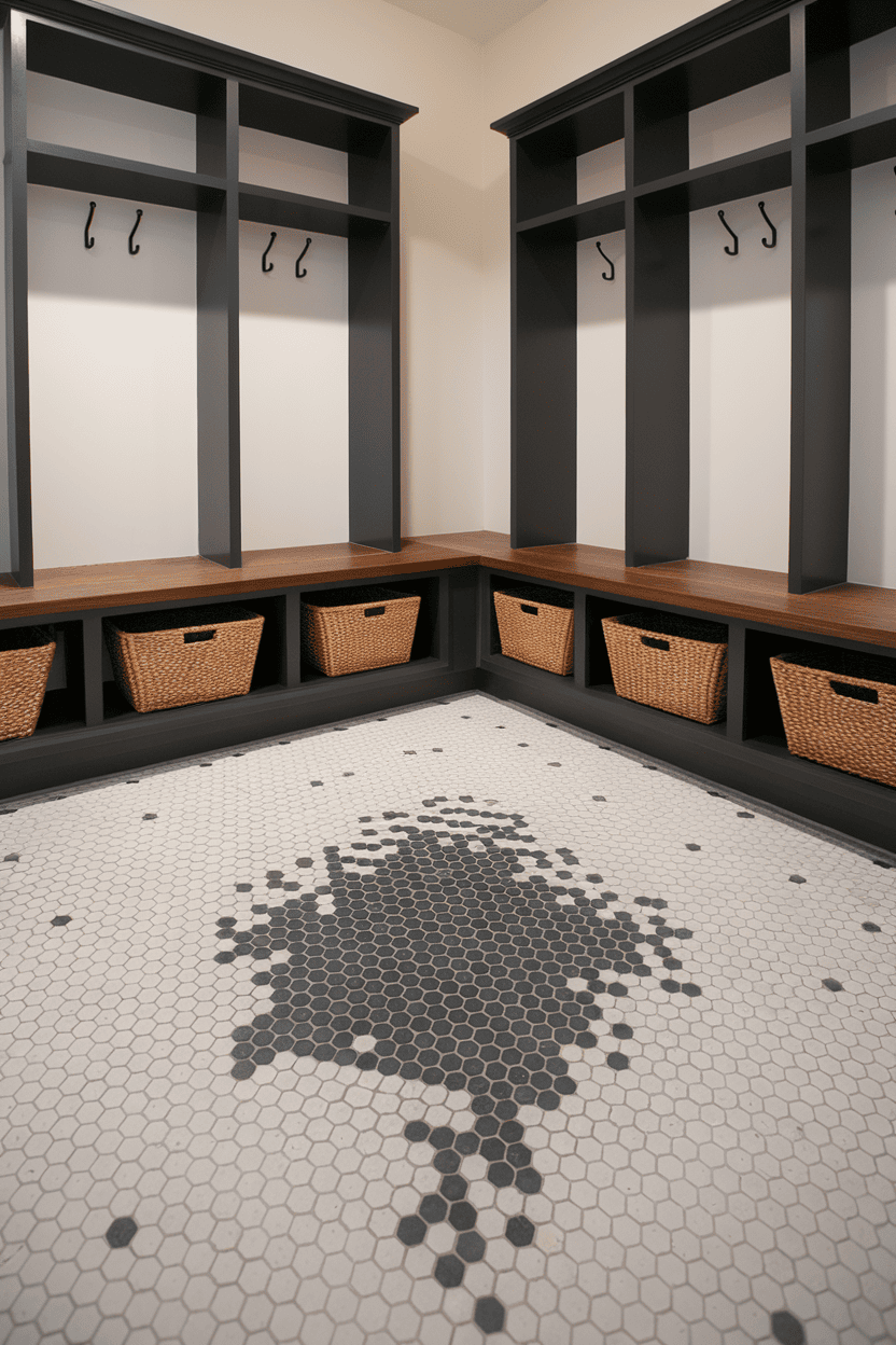 Mudroom features hexagonal tile flooring with a unique black and white pattern complemented by modern storage shelves and woven baskets.