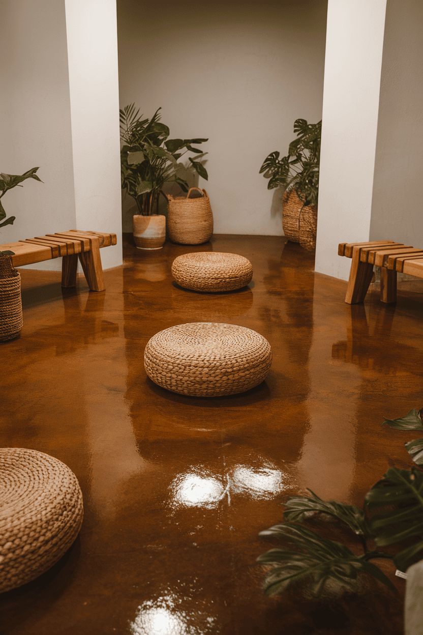 A modern mudroom with stained concrete floors, woven stools, wooden benches and potted plants.