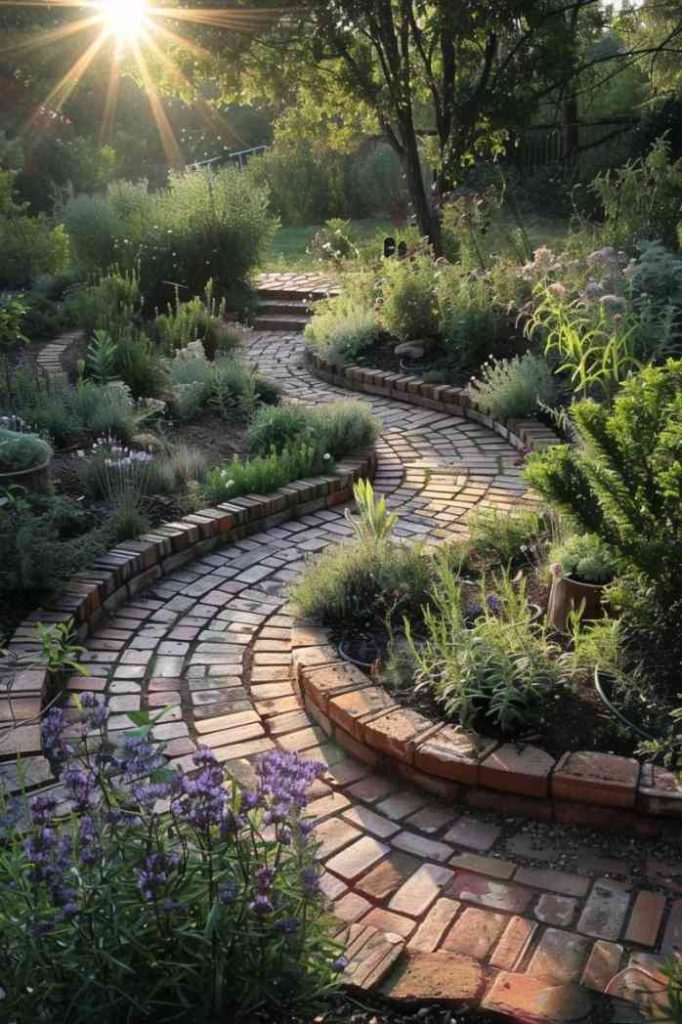 An enchanting spiral of mud bricks winds through the backyard, with a carpet of hardy herbs nestled in every curve. 