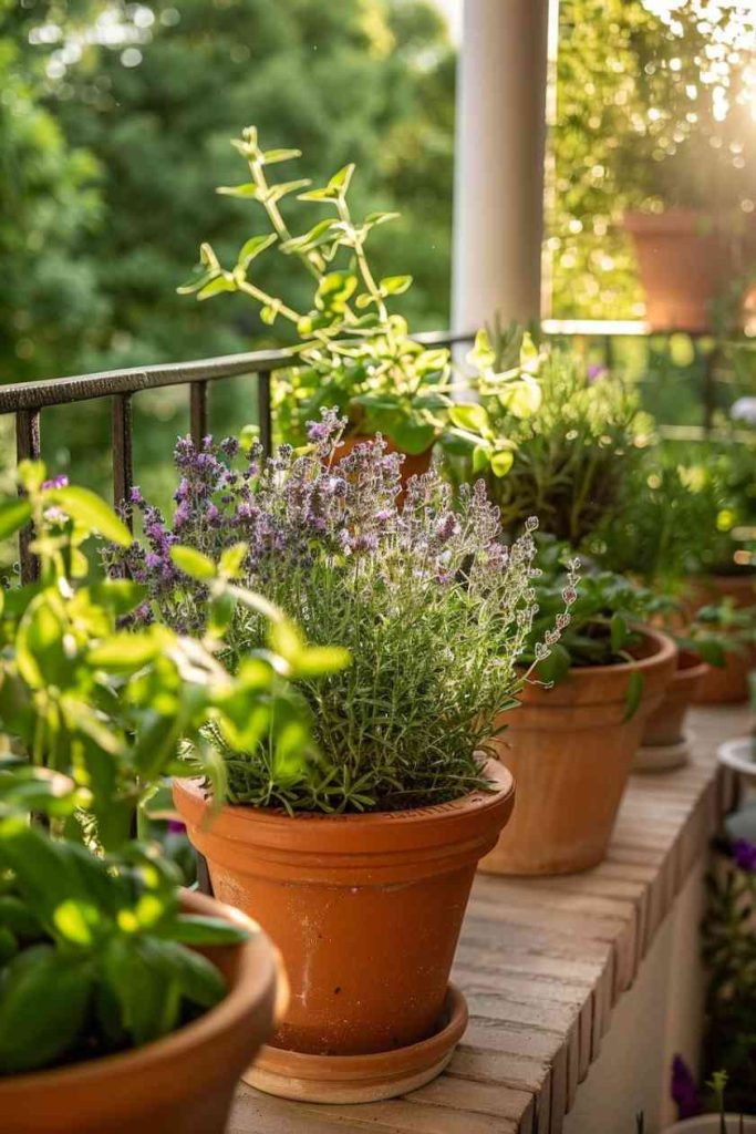 Terracotta pots full of aromatic herbs like lavender and oregano decorate a tiny balcony space. 