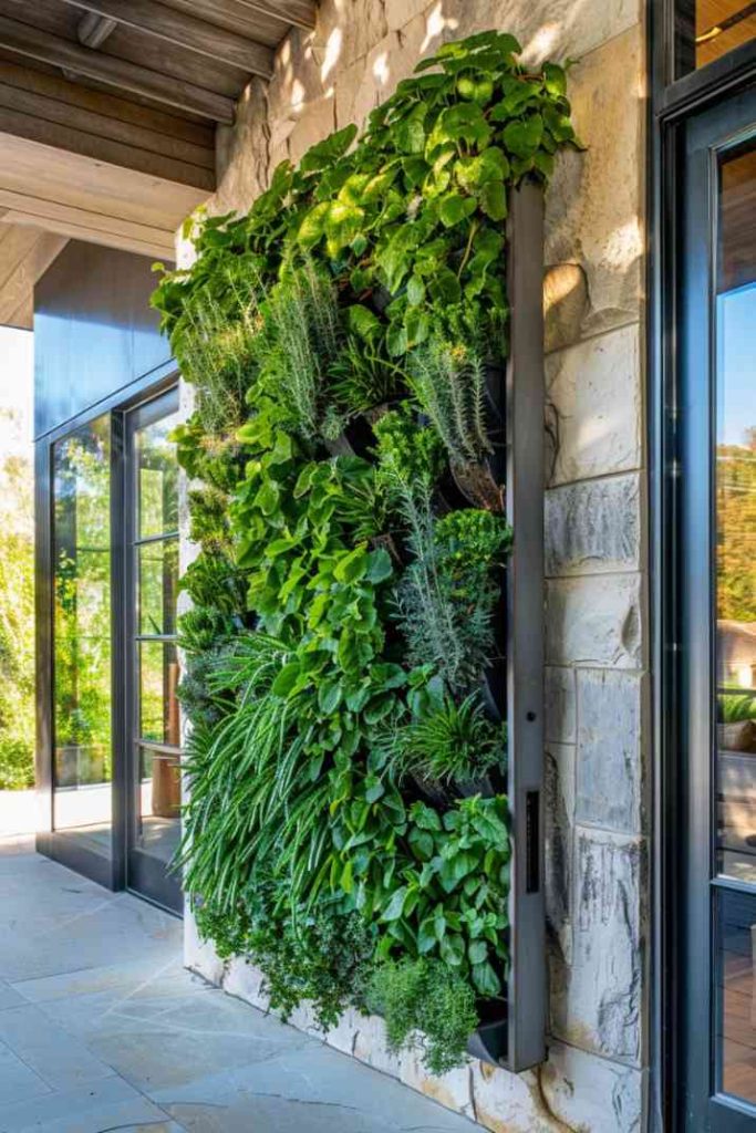 Rich greenery climbs a slender vertical frame in front of a sandstone terrace wall and showcases a variety of herbs, including rosemary and thyme.