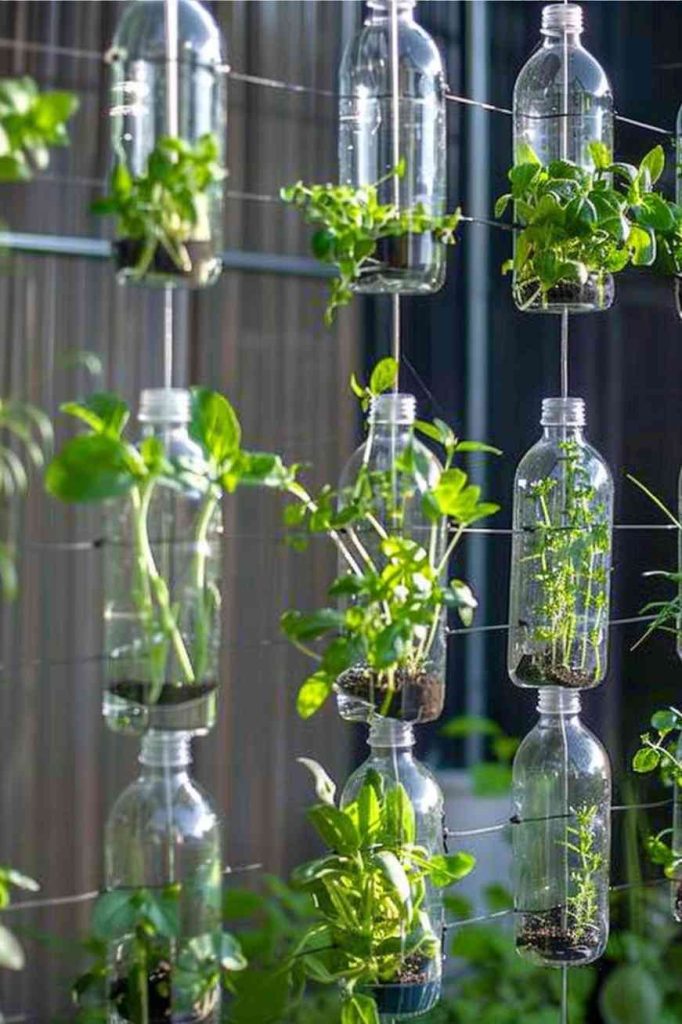 Falling from a simple trellis, repurposed clear bottles contain a vertical waterfall of green herbs. Chives and tarragon sprout skyward, floating in an innovative display of upcycled whimsy.