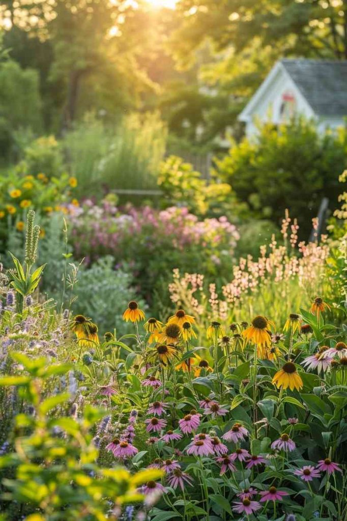 Nestled between flowers, a medicinal herb garden thrives, protecting health with its green echinacea and lemon balm flowers. 