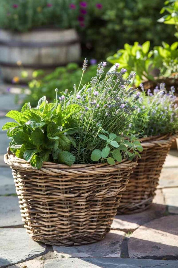 Woven baskets full of fragrant herbs like lavender, mint, and cilantro add warm, <a href=