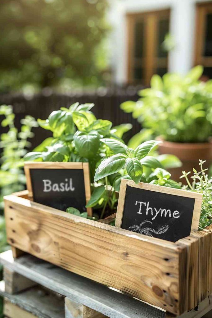 Chalkboard-labeled planters offer a charming selection of today's fresh produce: basil, cilantro and mint. 