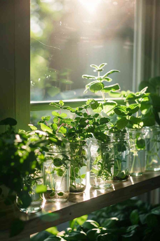 Crystalline mason jars lined up on polished floating shelves house an exquisite selection of water-rooted herbs. 