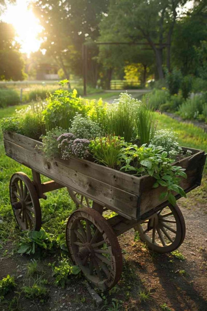 An old-fashioned cart comes back to life as a mobile herb garden, its contents a portable feast of chives and marjoram. 