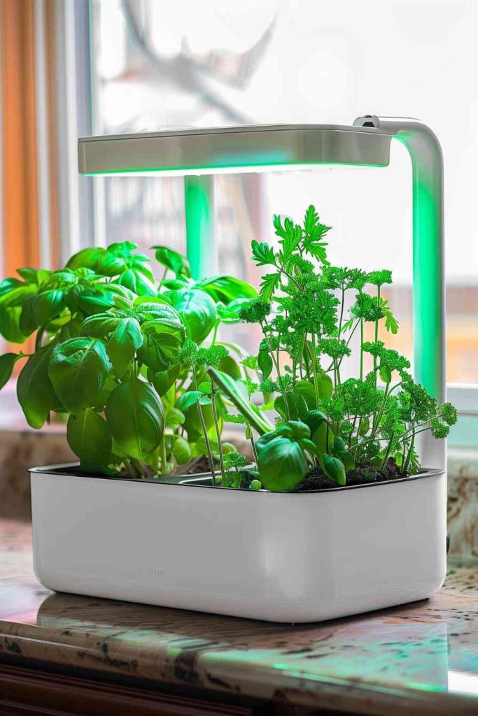 Sleek hydroponic systems hum quietly in a modern kitchen nook, their clean lines cradling sturdy herbs. 