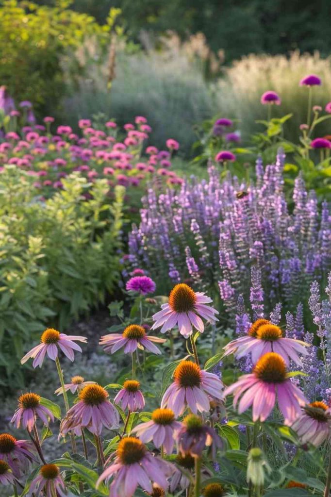 The mixed bed of herbs and companion flowers is an ecological masterpiece and is teeming with beneficial pollinators. 