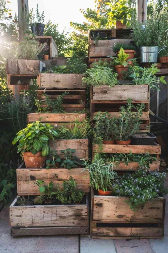 Weathered wooden boxes stacked in ascending rows provide space for a diverse range of herbs. This green staircase combines rustic charm with functional gardening.