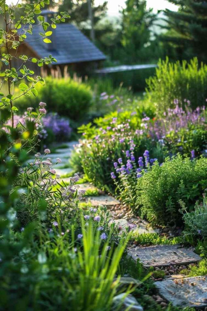 The front yard glows with edible life, the landscape a mosaic of tarragon and chives against a lush green canvas. 