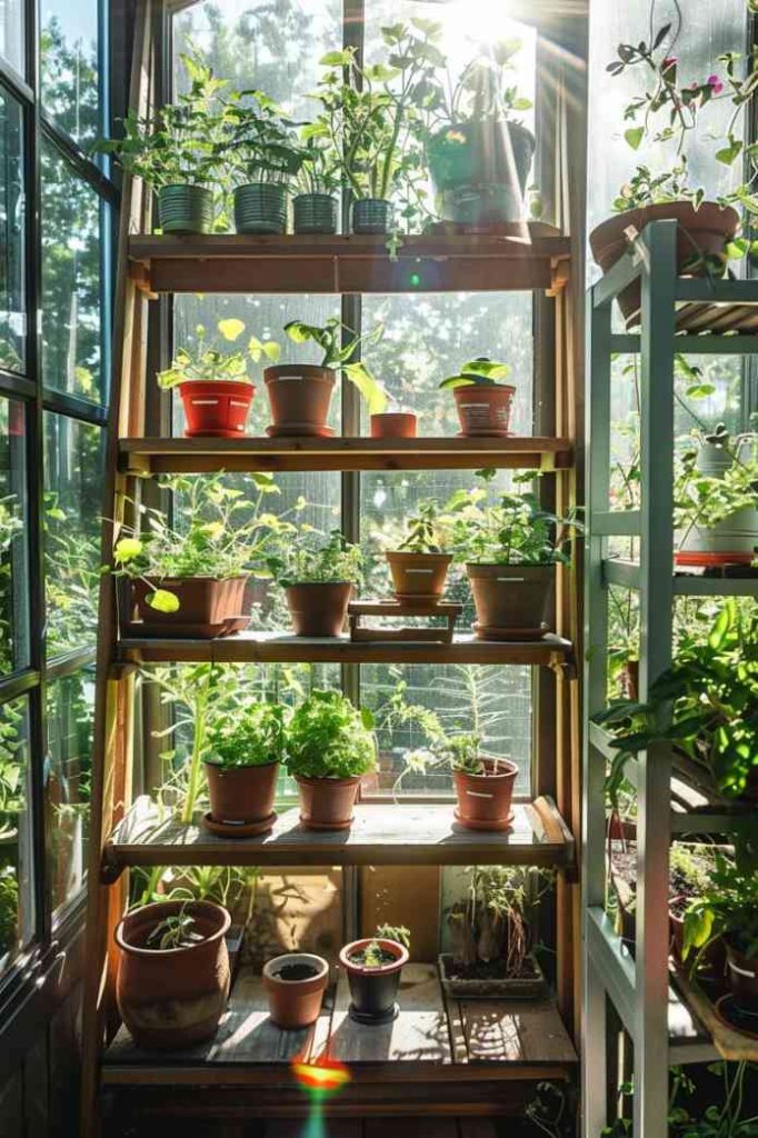 Pots of aromatic herbs enjoy the warmth of the sun as they climb a ladder of shelves. 