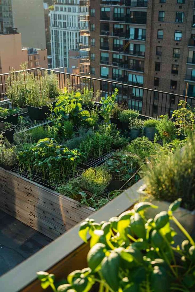 High above the hustle and bustle of the city, containers boast a patchwork of green and enliven the concrete surface. 