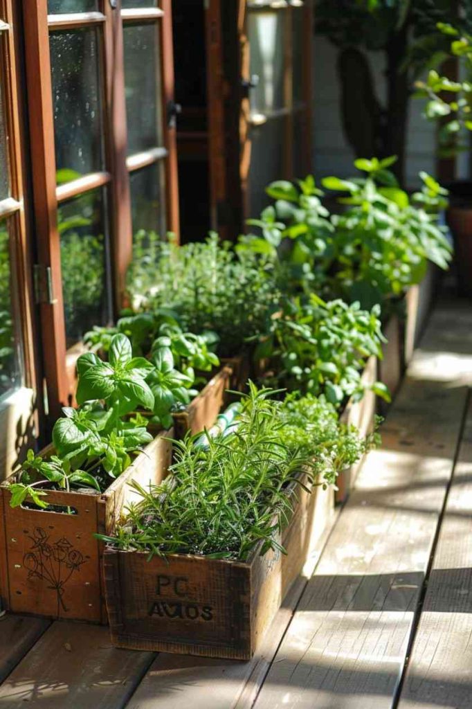 Repurposed with care, vintage wine boxes find new life as rustic planters, each lovingly storing a valuable selection of culinary herbs. 