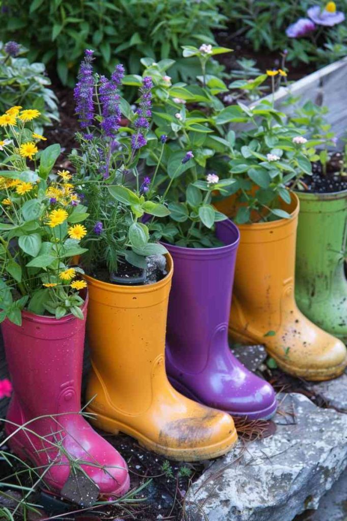 Transform worn-out rain boots into colorful, whimsical planters perfect for growing a variety of herbs. 