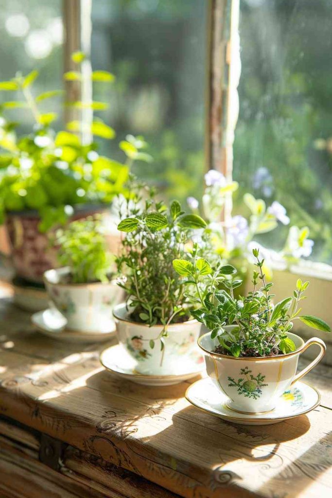 Charming teacups dotted with tiny herb gardens perched on the surface of an antique table. Each cup is a humble host to a branch or two, unfurling their delicate leaves alongside delicate porcelain.