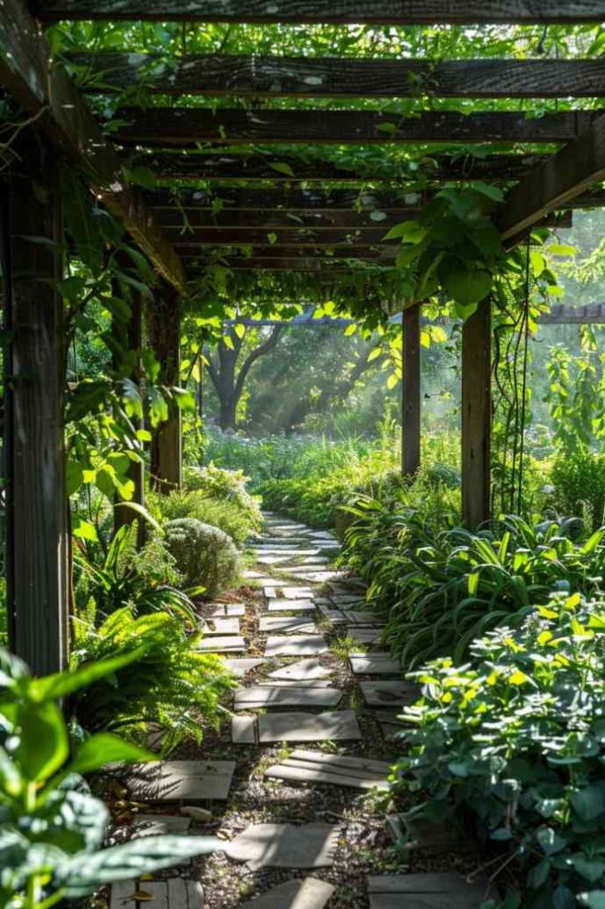 Under the roof of a pergola lies a refuge for shade-loving herbs, a refuge from the midday sun. The cool air between ferns, mint and lemongrass calms the senses.