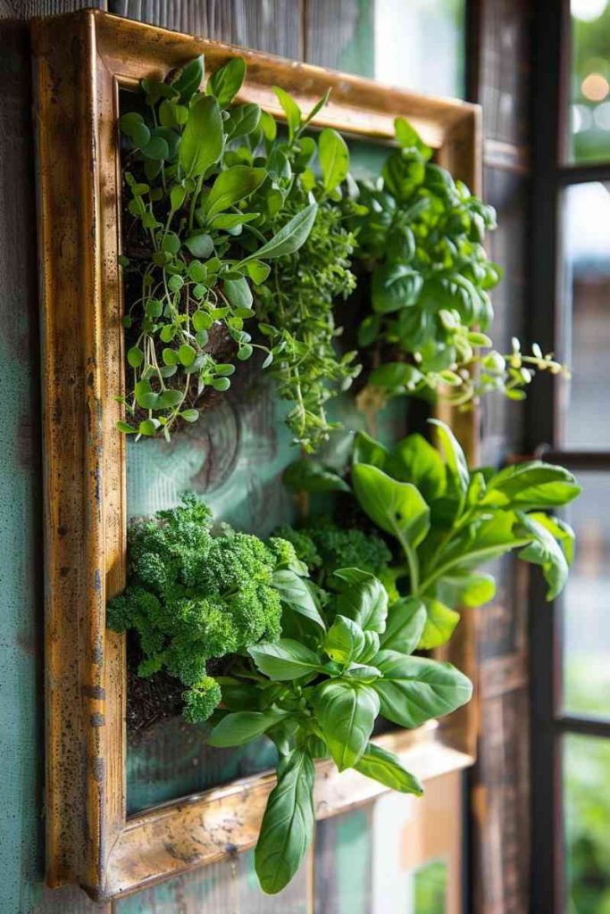 An old picture frame is reinvented as a herb microfarm, combining art and agriculture in one delightful exhibition.