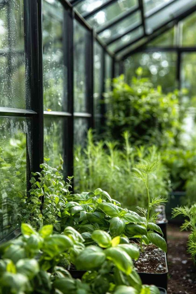 The sanctuary of a greenhouse houses an endless summer of herbs and provides warmth for an endless harvest. Basil and dill vie for space in the glazed abundance.