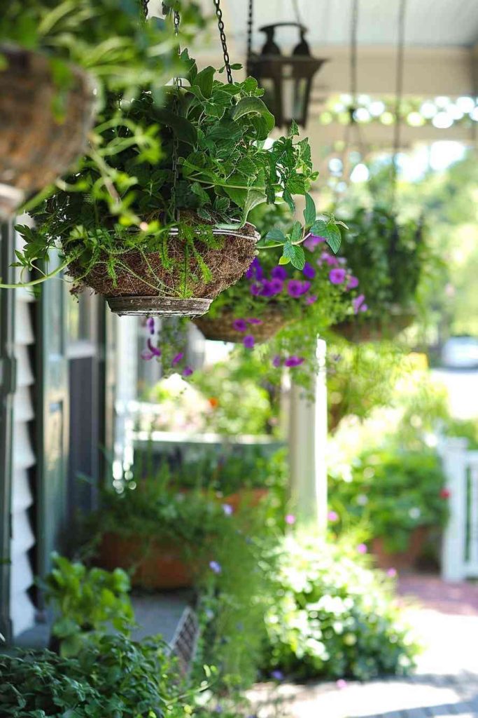 This elevated garden transforms into a fragrant chandelier, its green fronds exuding the rich scent of salsa-ready cilantro and garnish-worthy parsley.