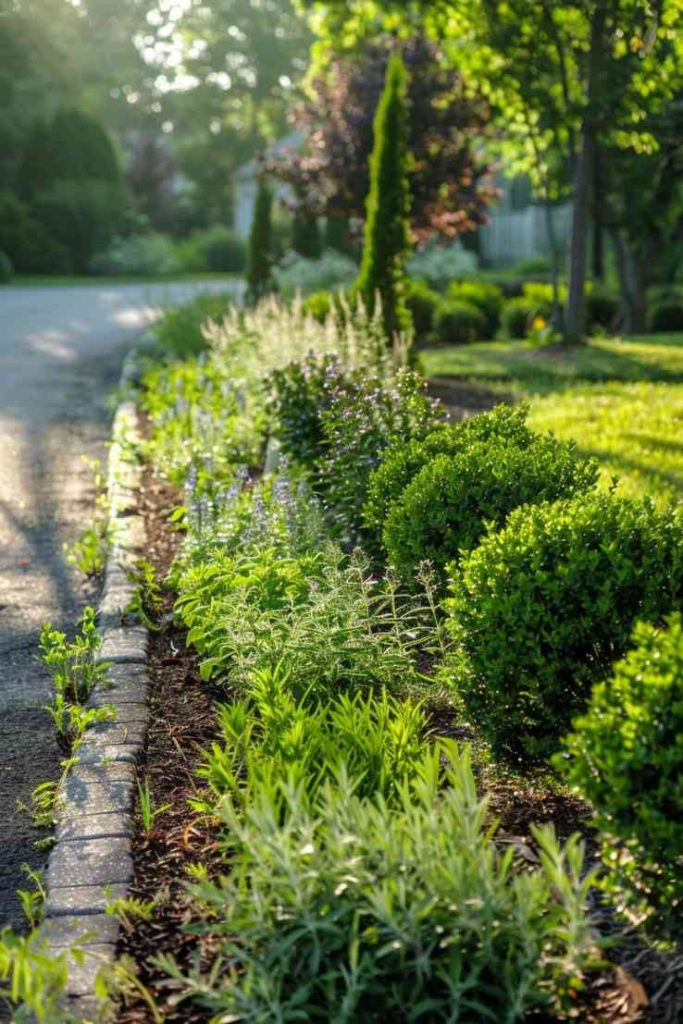 The edge of a driveway is redrawn with the lush lines of an herb garden, marking the boundaries with scents and aromas. It's both guidepost and sentinel, a delicious depiction in a suburban setting.