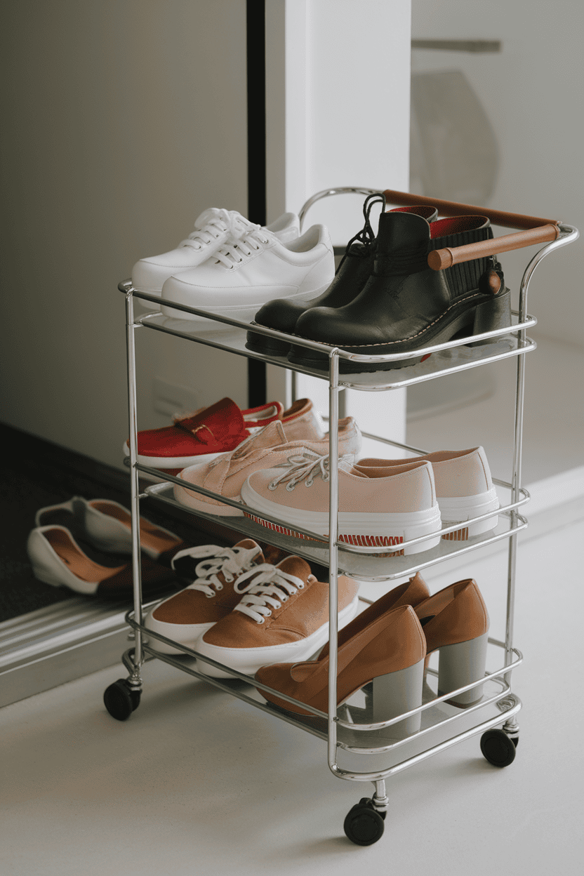 A rolling shoe cart with a variety of shoes, including sneakers and heels, in a bright entryway.