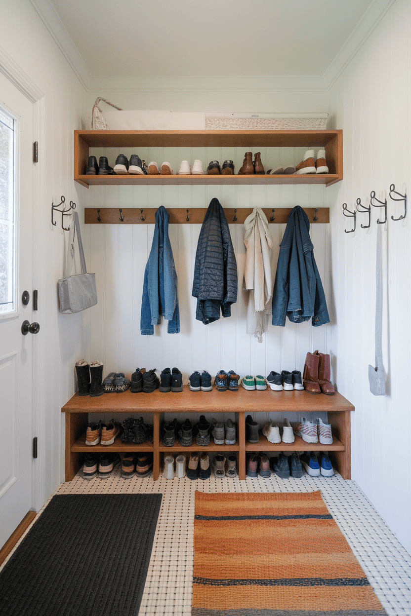 Mudflaps with wall hooks for coats and a shoe rack underneath