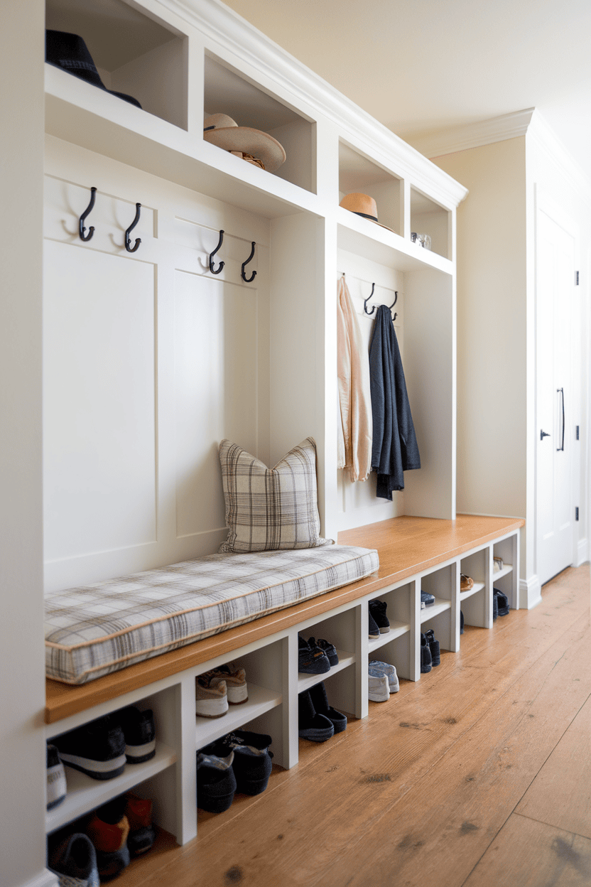 Mudroom with built-in bench with hidden compartments for shoe storage and hooks for coats