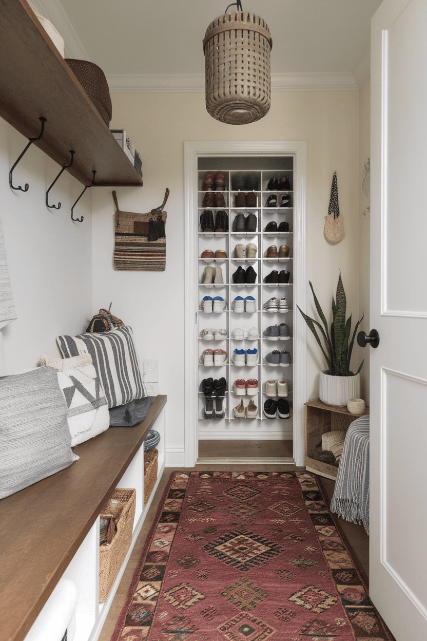 Mudroom with an over-the-door shoe organizer, bench seating with pillows, and a decorative rug.