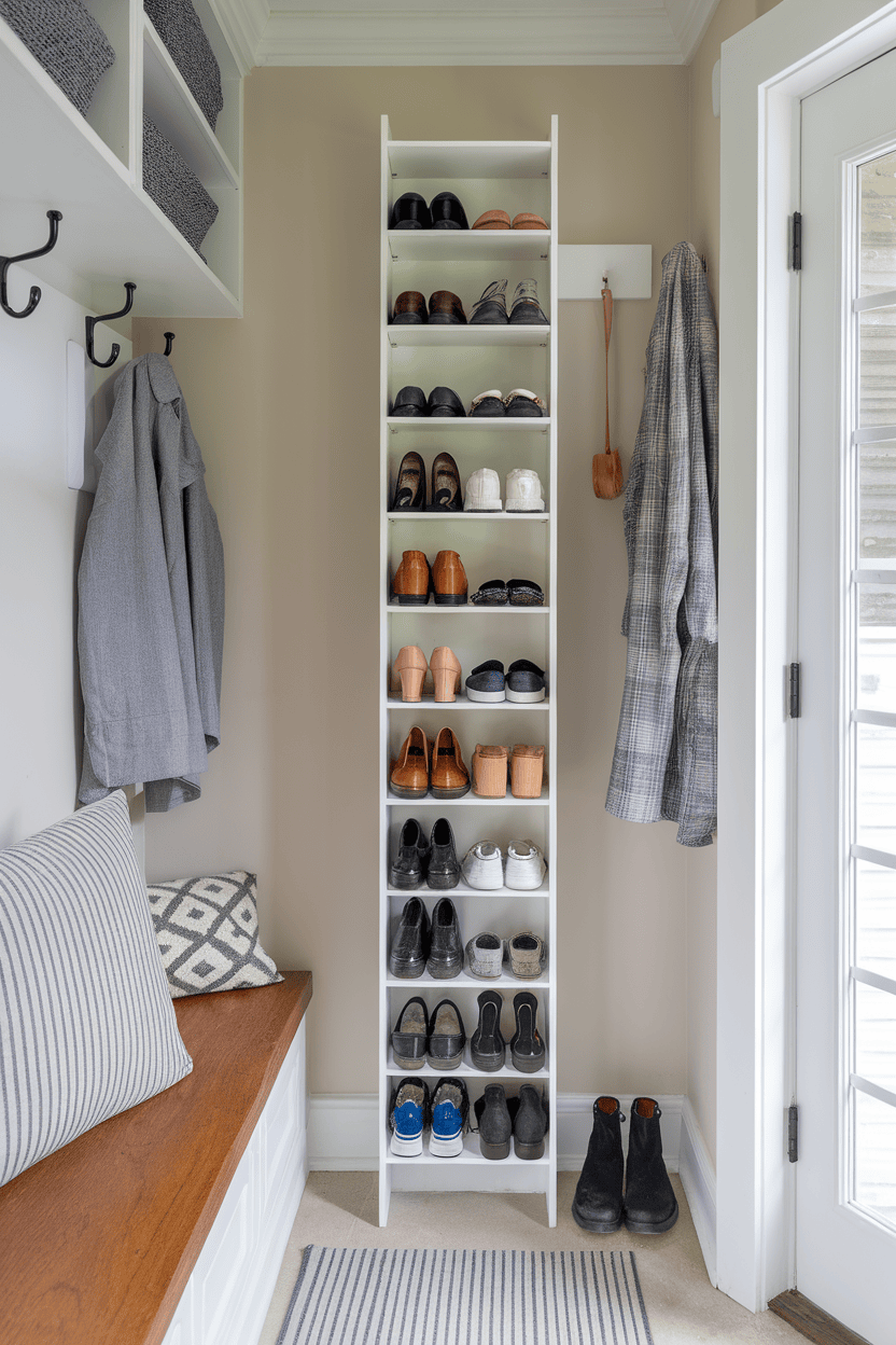 A vertical shoe tower with assorted shoes neatly organized on shelves in a mud room