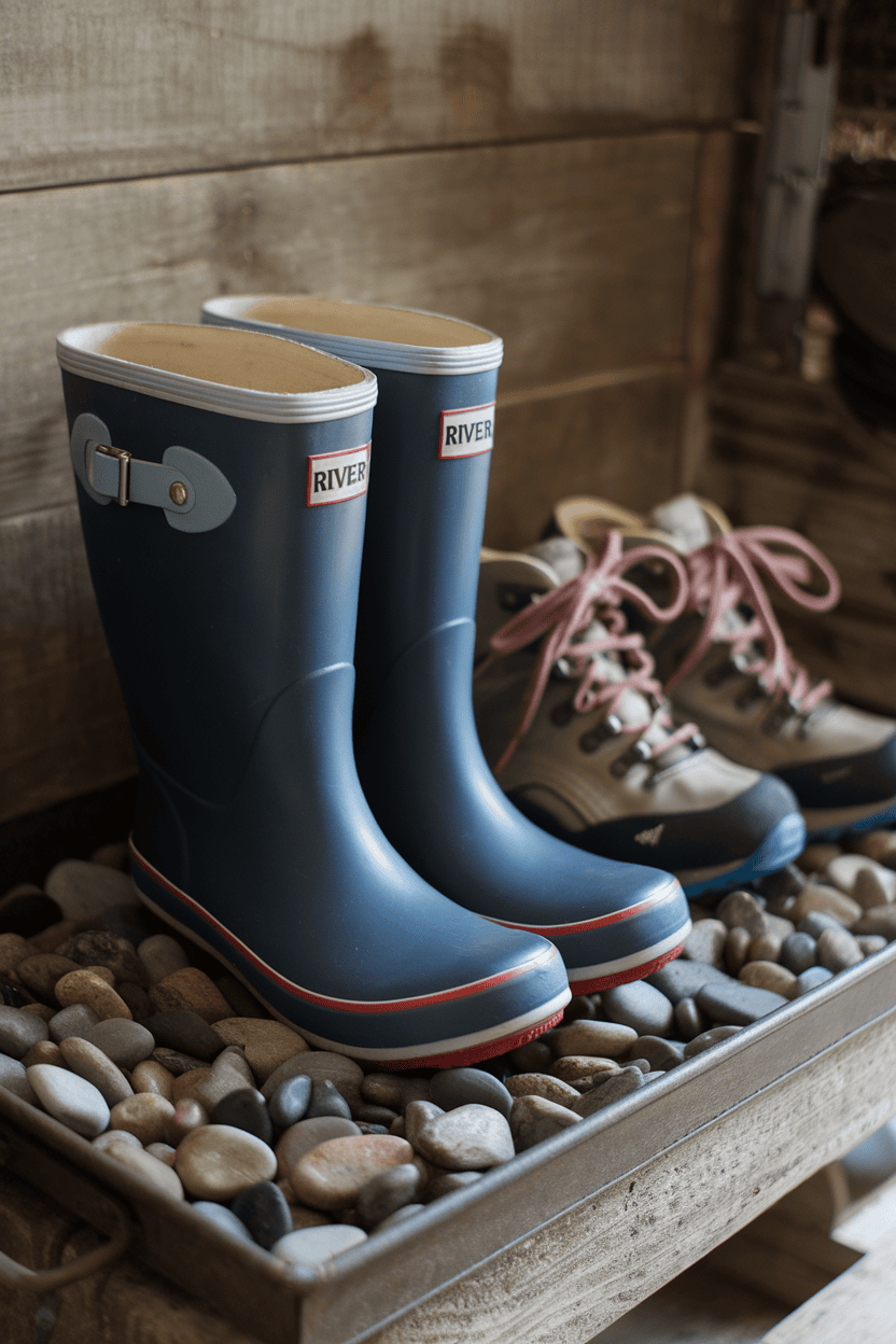 A blue pair of rubber boots and a pair of hiking boots on a pebble-filled boot rack in a mud flap.