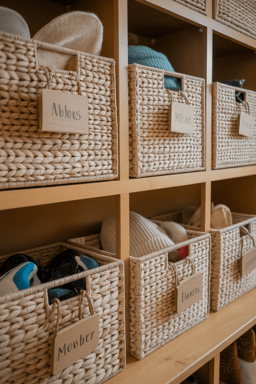 Woven baskets on shelves labeled with names, organized for family use.