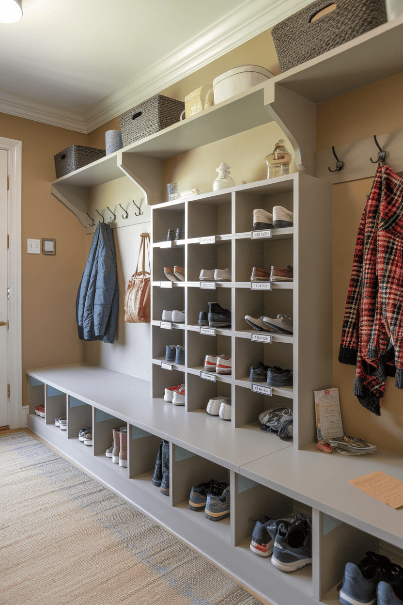 Mudroom with a storage wall with labeled compartments for shoes and overhead storage