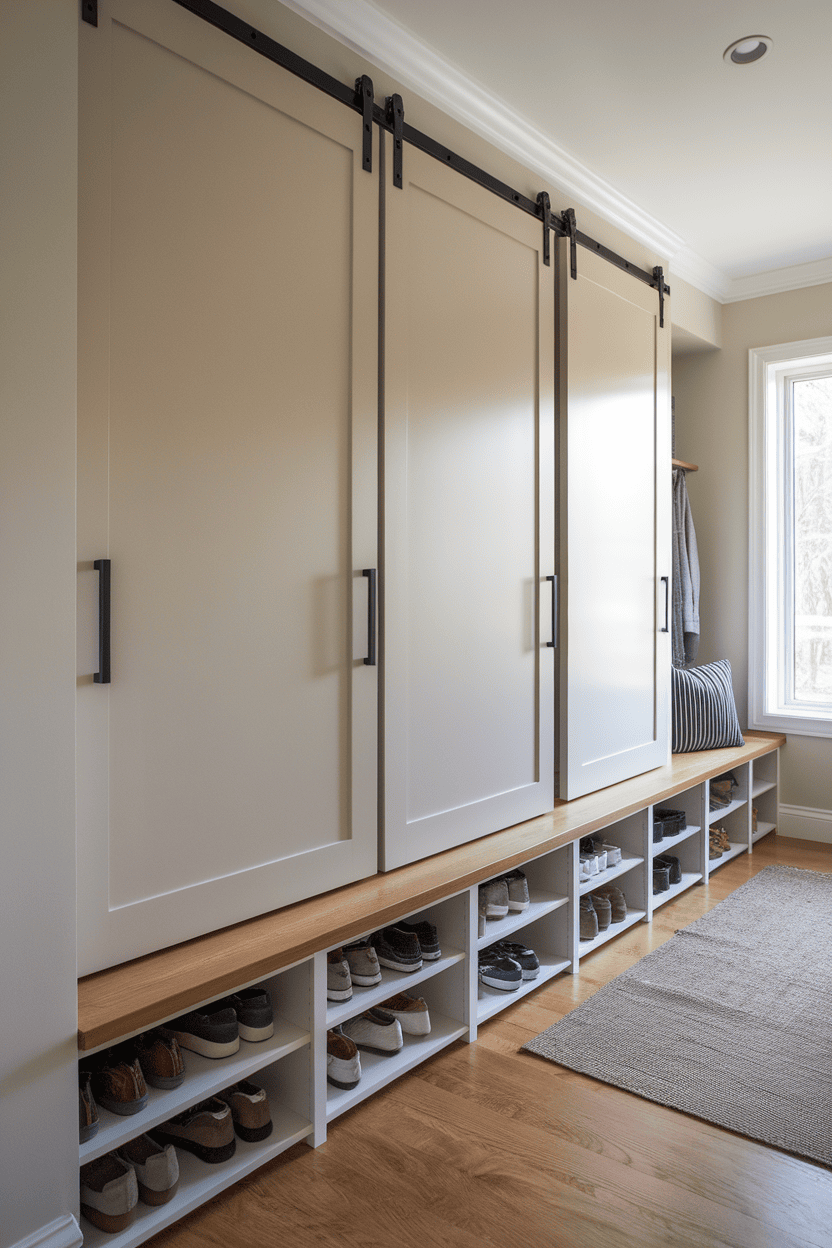 Mudroom with sliding doors for shoe storage creates a neat and organized space.