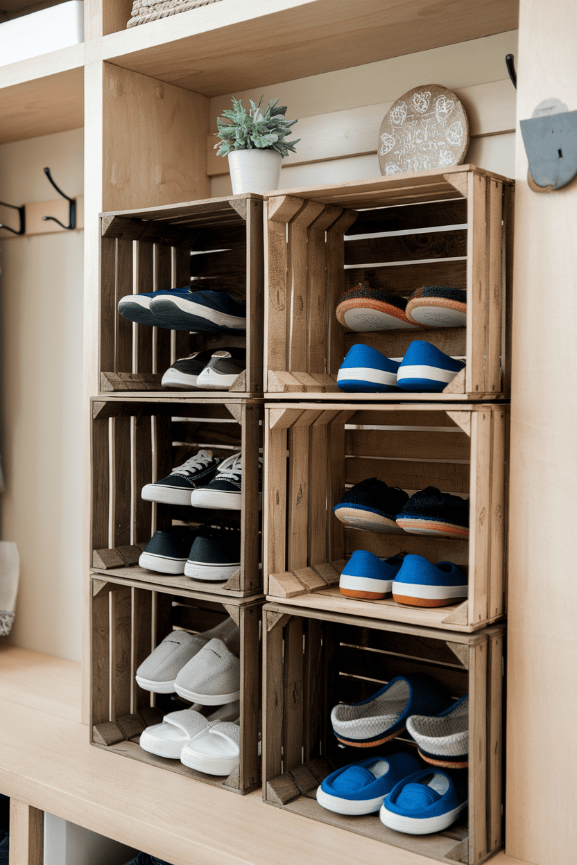 Wooden boxes with different types of shoes displayed for storage in a mudroom.