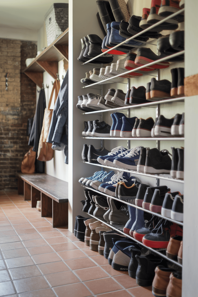 An organized, open shoe rack displaying different styles of shoes in a mud room.