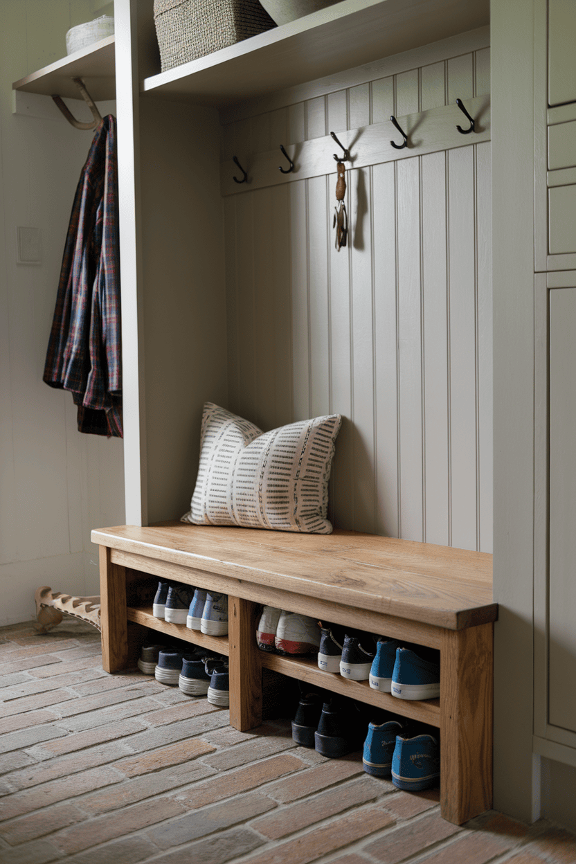 A wooden shoe bench with storage space underneath and neatly arranged shoes. There are hooks on the wall for hanging items and there is a cozy cushion on the bench.