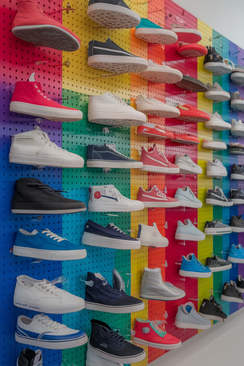 Colorful pegboard shoe display with different shoes neatly organized